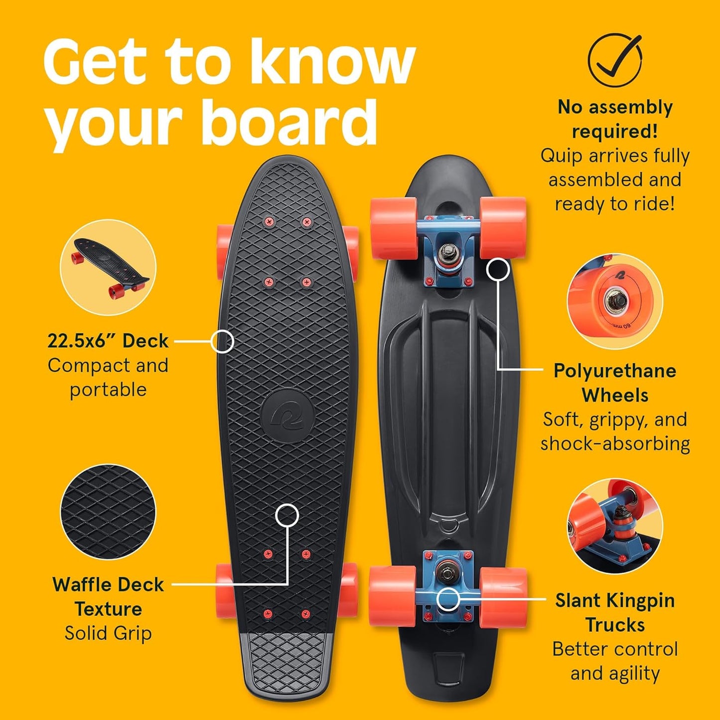 Quip Mini Cruiser Skateboard 22.5" Classic Retro Plastic Cruiser Complete Skateboard with ABEC 7 Bearings and PU Wheels Compact Board w/Grippy, Molded Waffle Deck