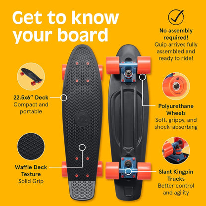 Quip Mini Cruiser Skateboard 22.5" Classic Retro Plastic Cruiser Complete Skateboard with ABEC 7 Bearings and PU Wheels Compact Board w/Grippy, Molded Waffle Deck