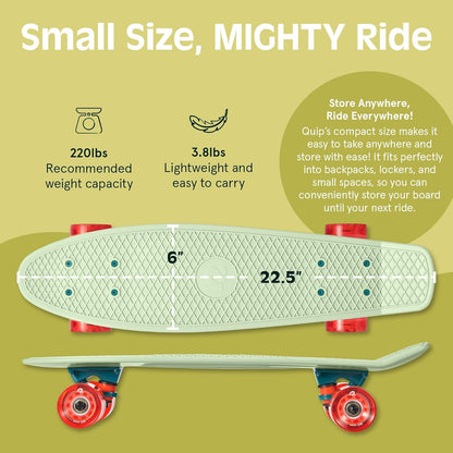 Quip Mini Cruiser Skateboard 22.5" Classic Retro Plastic Cruiser Complete Skateboard with ABEC 7 Bearings and PU Wheels Compact Board w/Grippy, Molded Waffle Deck