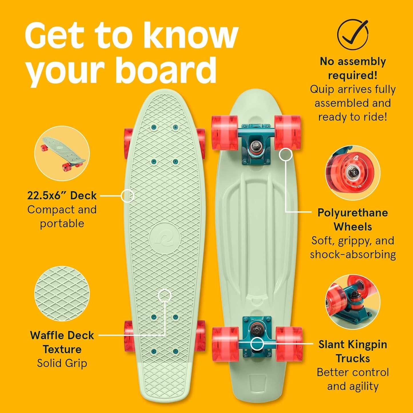 Quip Mini Cruiser Skateboard 22.5" Classic Retro Plastic Cruiser Complete Skateboard with ABEC 7 Bearings and PU Wheels Compact Board w/Grippy, Molded Waffle Deck