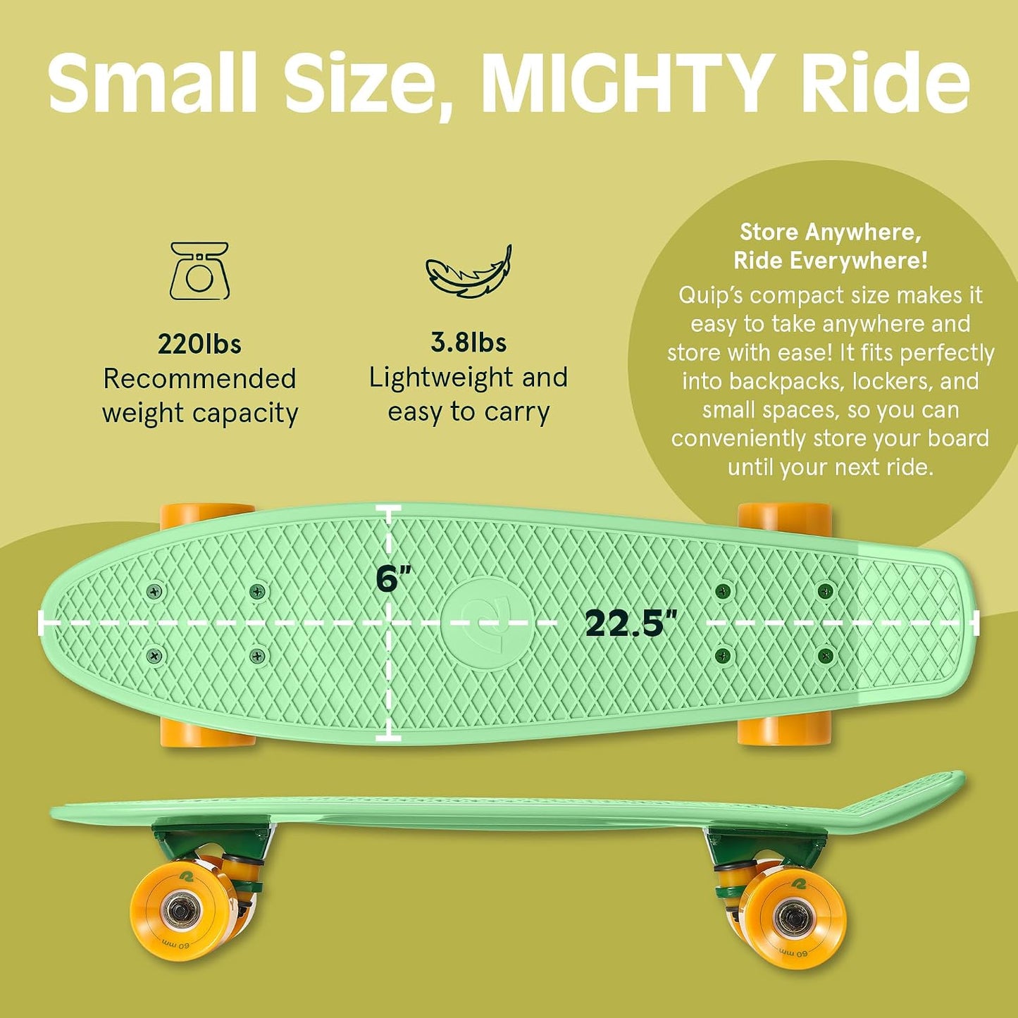 Quip Mini Cruiser Skateboard 22.5" Classic Retro Plastic Cruiser Complete Skateboard with ABEC 7 Bearings and PU Wheels Compact Board w/Grippy, Molded Waffle Deck