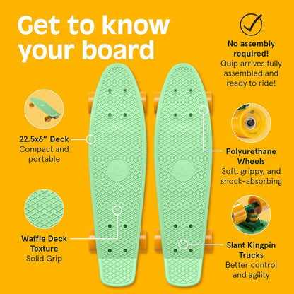 Quip Mini Cruiser Skateboard 22.5" Classic Retro Plastic Cruiser Complete Skateboard with ABEC 7 Bearings and PU Wheels Compact Board w/Grippy, Molded Waffle Deck