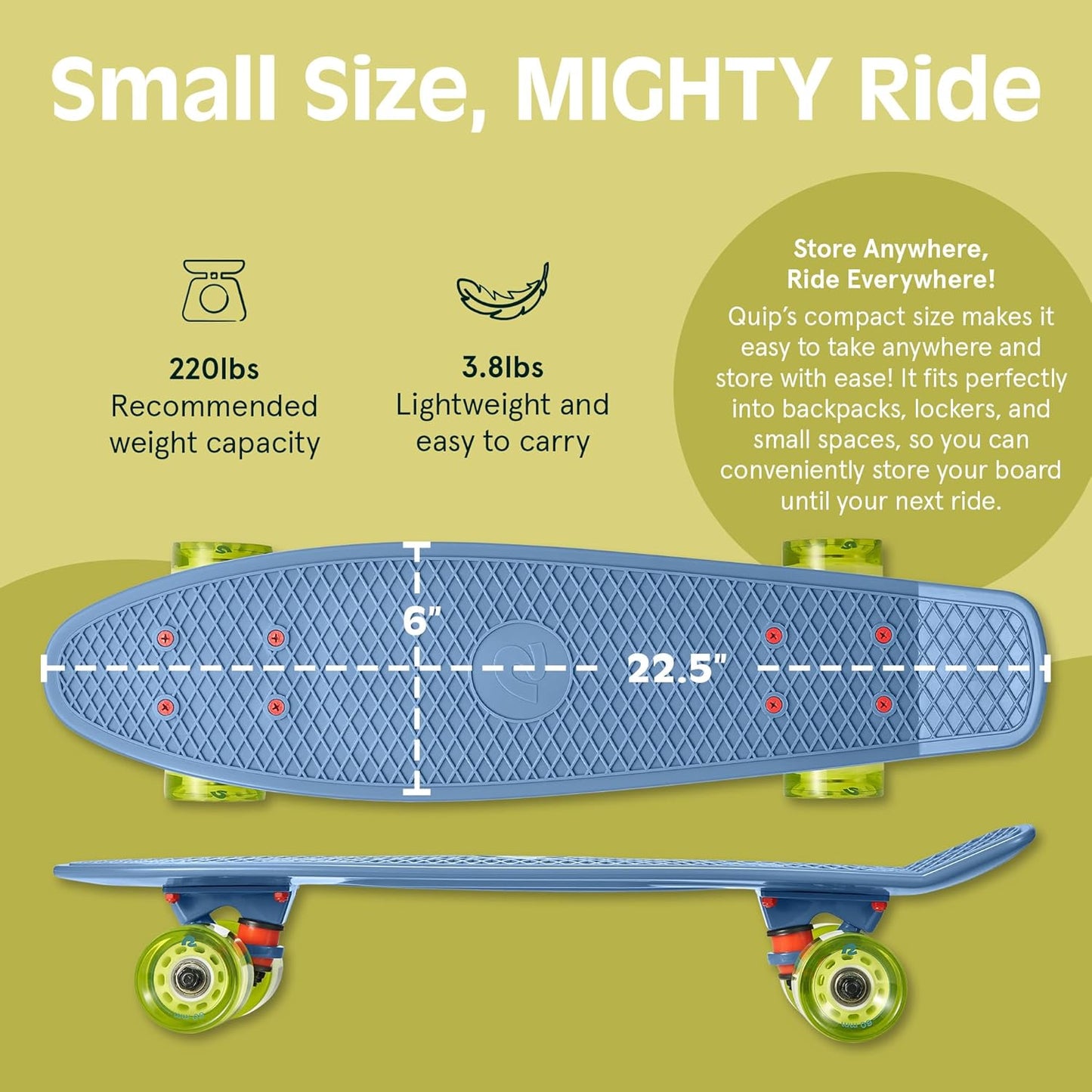Quip Mini Cruiser Skateboard 22.5" Classic Retro Plastic Cruiser Complete Skateboard with ABEC 7 Bearings and PU Wheels Compact Board w/Grippy, Molded Waffle Deck