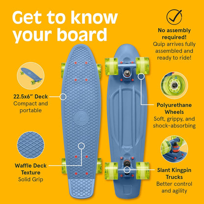 Quip Mini Cruiser Skateboard 22.5" Classic Retro Plastic Cruiser Complete Skateboard with ABEC 7 Bearings and PU Wheels Compact Board w/Grippy, Molded Waffle Deck