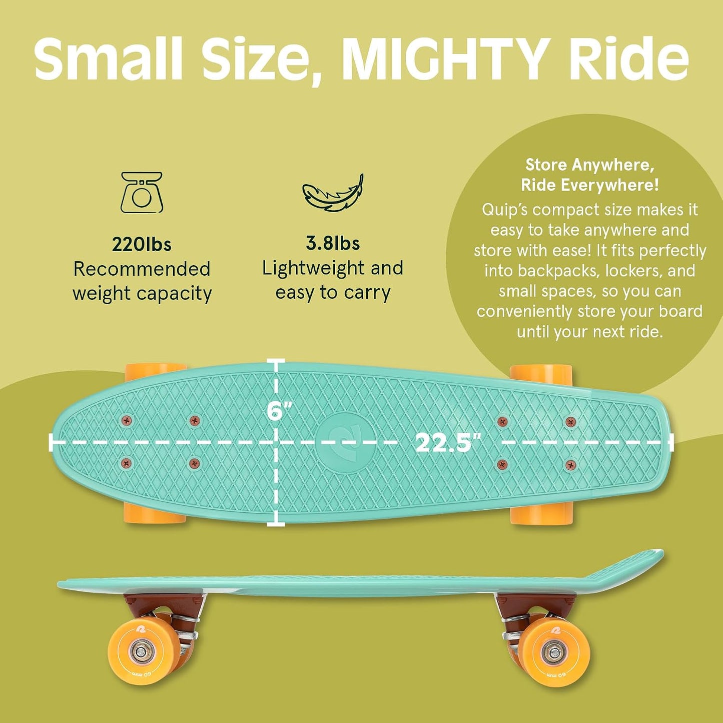 Quip Mini Cruiser Skateboard 22.5" Classic Retro Plastic Cruiser Complete Skateboard with ABEC 7 Bearings and PU Wheels Compact Board w/Grippy, Molded Waffle Deck