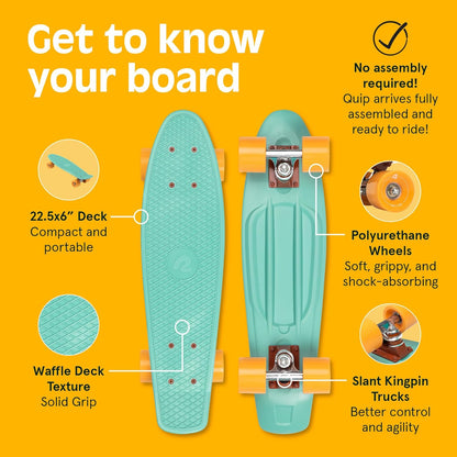 Quip Mini Cruiser Skateboard 22.5" Classic Retro Plastic Cruiser Complete Skateboard with ABEC 7 Bearings and PU Wheels Compact Board w/Grippy, Molded Waffle Deck