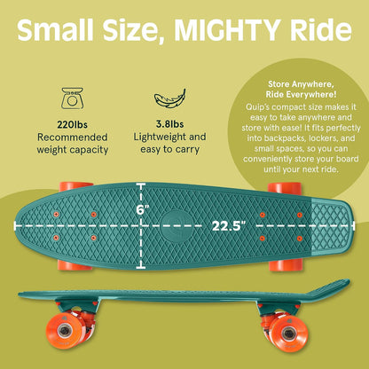 Quip Mini Cruiser Skateboard 22.5" Classic Retro Plastic Cruiser Complete Skateboard with ABEC 7 Bearings and PU Wheels Compact Board w/Grippy, Molded Waffle Deck