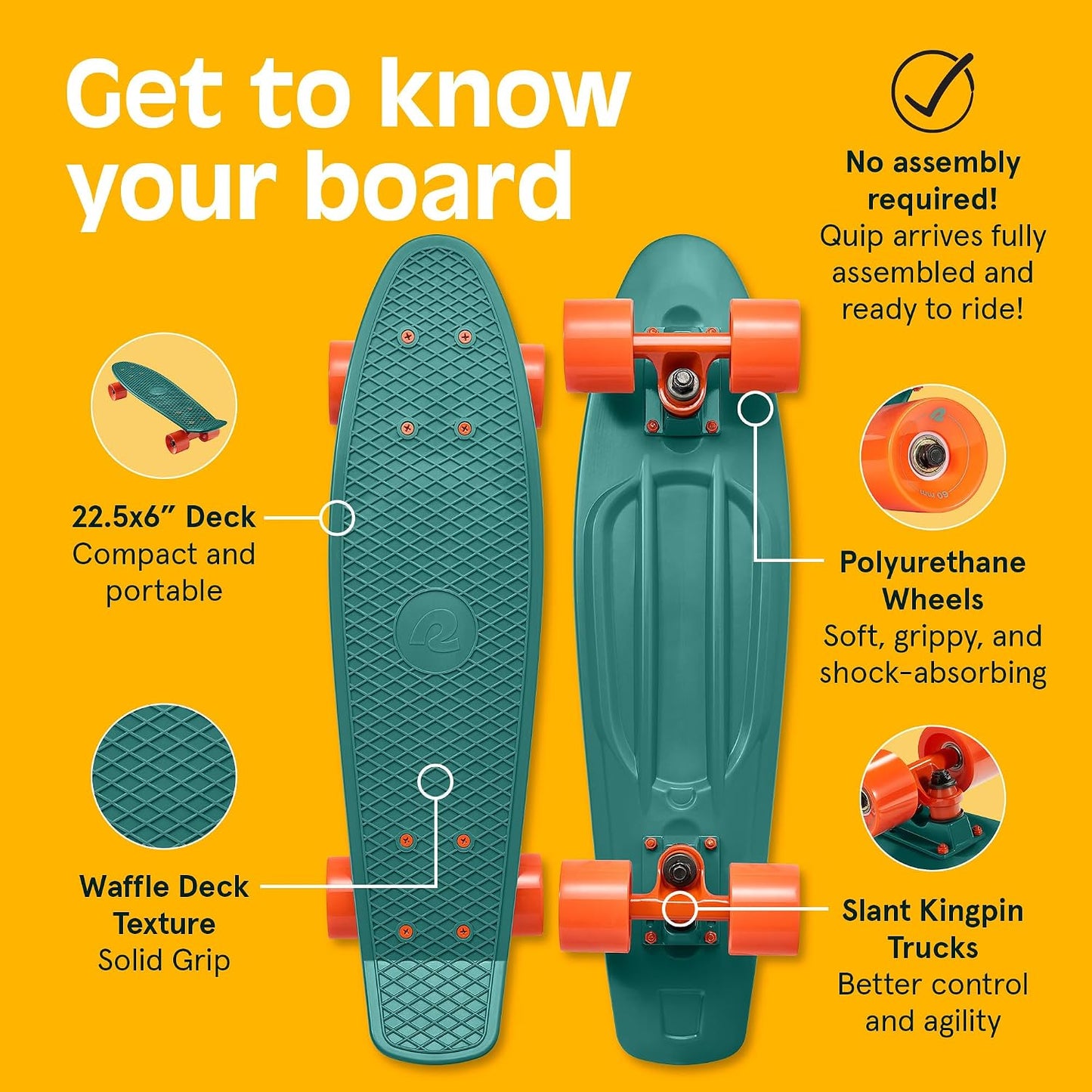 Quip Mini Cruiser Skateboard 22.5" Classic Retro Plastic Cruiser Complete Skateboard with ABEC 7 Bearings and PU Wheels Compact Board w/Grippy, Molded Waffle Deck