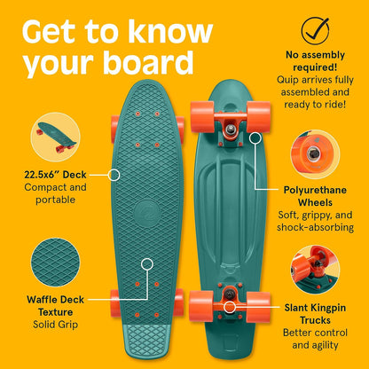 Quip Mini Cruiser Skateboard 22.5" Classic Retro Plastic Cruiser Complete Skateboard with ABEC 7 Bearings and PU Wheels Compact Board w/Grippy, Molded Waffle Deck