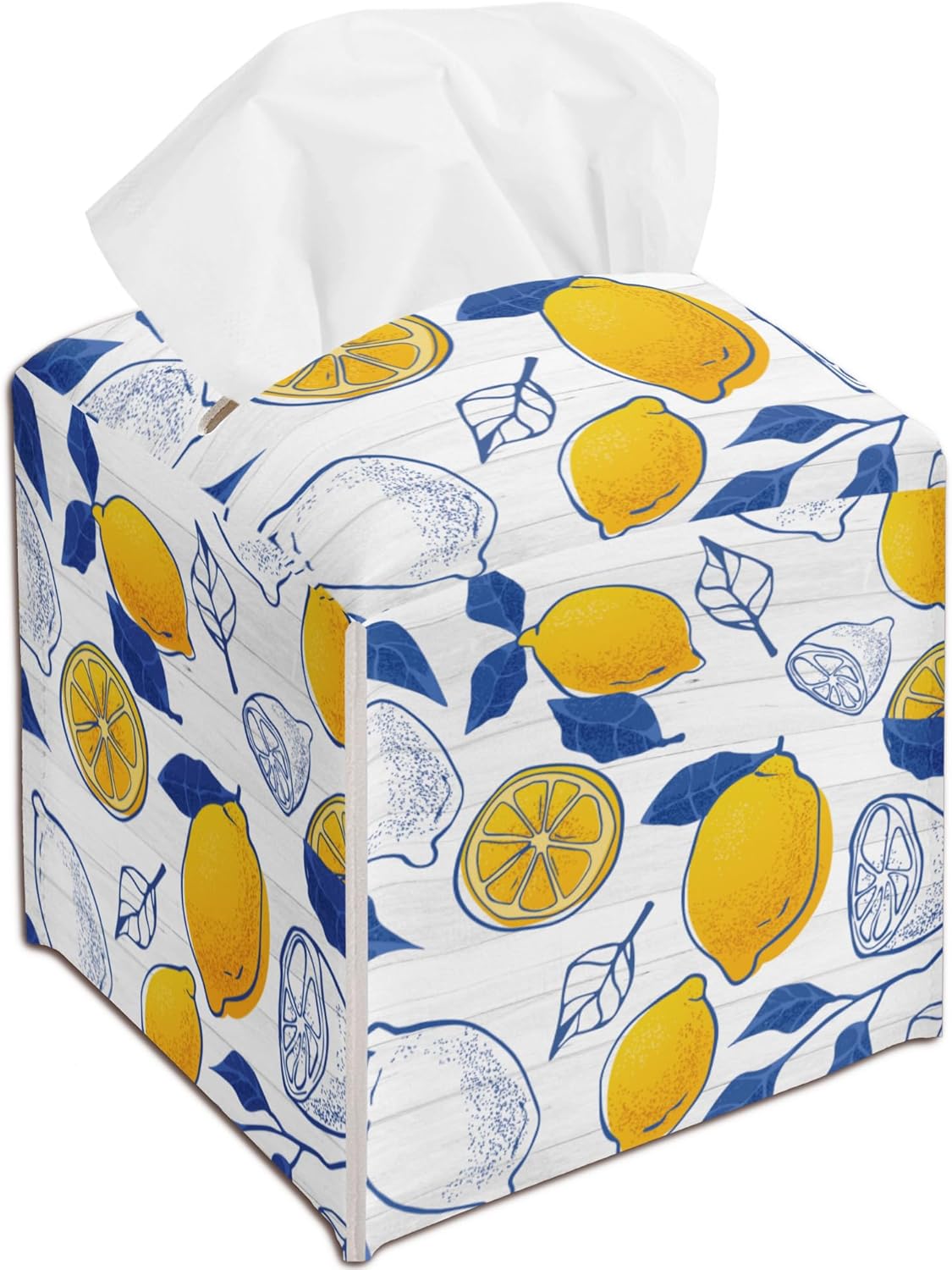 Lemon Decorative Tissue Box Cover Square, Blue Leaves Tissue Box Cover Holder, Housewarming Gift Ideas for Family Friends, Home Bedroom Bathroom Office Car Decor-(5.2 Inches) A13
