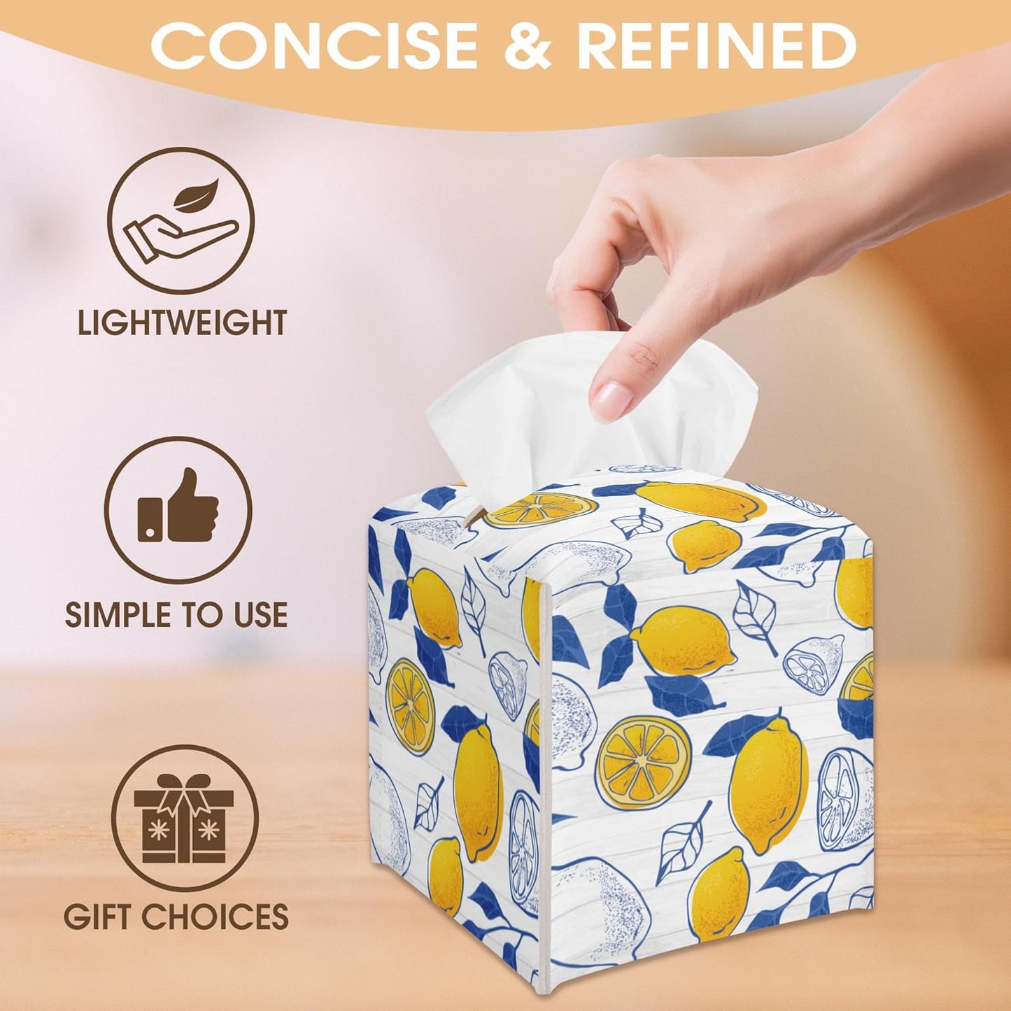 Lemon Decorative Tissue Box Cover Square, Blue Leaves Tissue Box Cover Holder, Housewarming Gift Ideas for Family Friends, Home Bedroom Bathroom Office Car Decor-(5.2 Inches) A13