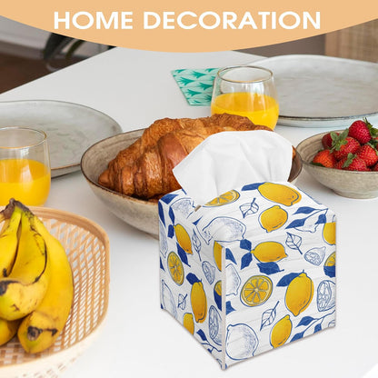 Lemon Decorative Tissue Box Cover Square, Blue Leaves Tissue Box Cover Holder, Housewarming Gift Ideas for Family Friends, Home Bedroom Bathroom Office Car Decor-(5.2 Inches) A13