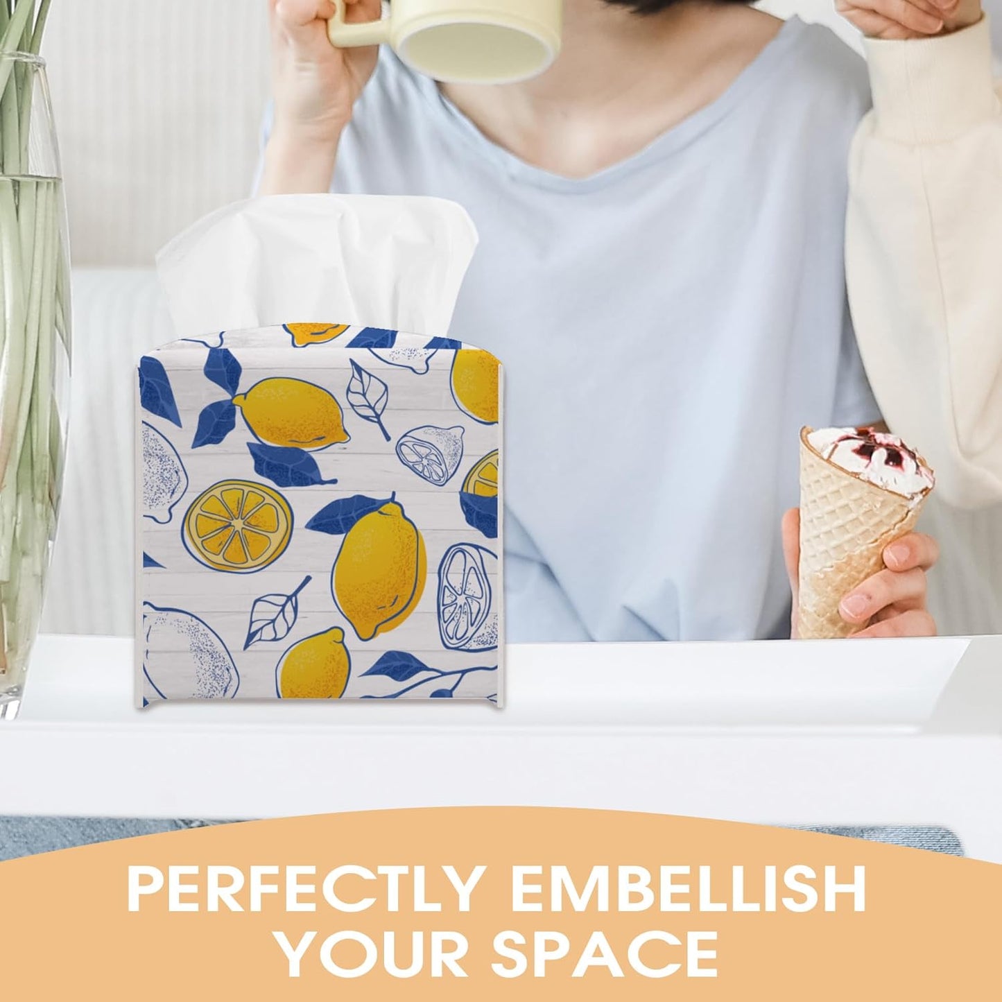 Lemon Decorative Tissue Box Cover Square, Blue Leaves Tissue Box Cover Holder, Housewarming Gift Ideas for Family Friends, Home Bedroom Bathroom Office Car Decor-(5.2 Inches) A13