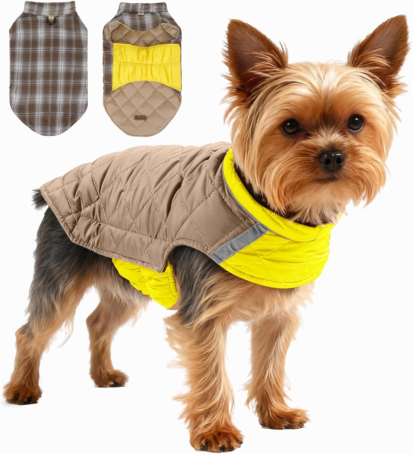 Quilted Dog Winter Coat, Plaid Lined Reversible Vest, Pet Apparel Yellow M | Cold Weather, 2-in-1 Design Dual-sided Coat Waterproof Wind-resistant,Fall Winter, Harness Hole, Reflective Safety Strip