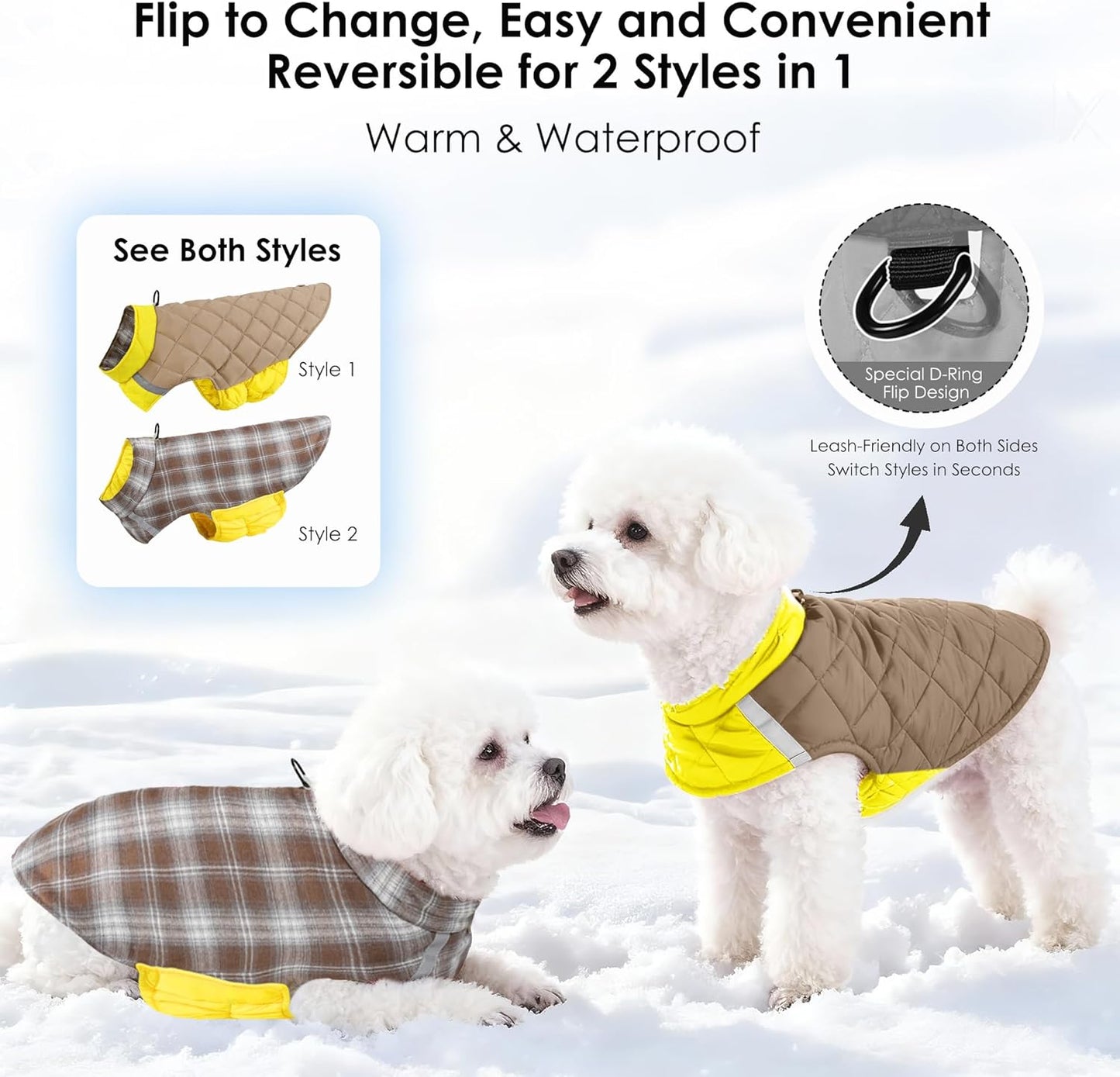 Quilted Dog Winter Coat, Plaid Lined Reversible Vest, Pet Apparel Yellow M | Cold Weather, 2-in-1 Design Dual-sided Coat Waterproof Wind-resistant,Fall Winter, Harness Hole, Reflective Safety Strip