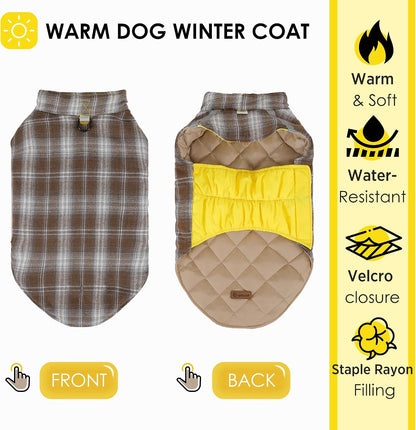 Quilted Dog Winter Coat, Plaid Lined Reversible Vest, Pet Apparel Yellow M | Cold Weather, 2-in-1 Design Dual-sided Coat Waterproof Wind-resistant,Fall Winter, Harness Hole, Reflective Safety Strip
