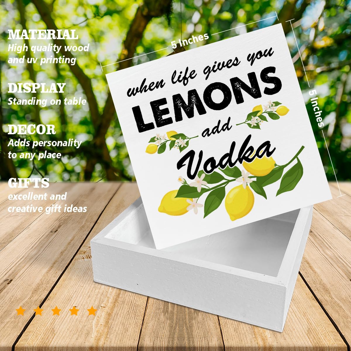 Lemon Wooden Box Sign House Decor When Life Gives You Lemons Add Vodka Square Wood Sign Desk Decoration Summer Wood Block Tiered Tray Box Sign for Shelf Home 5 x 5 Inches