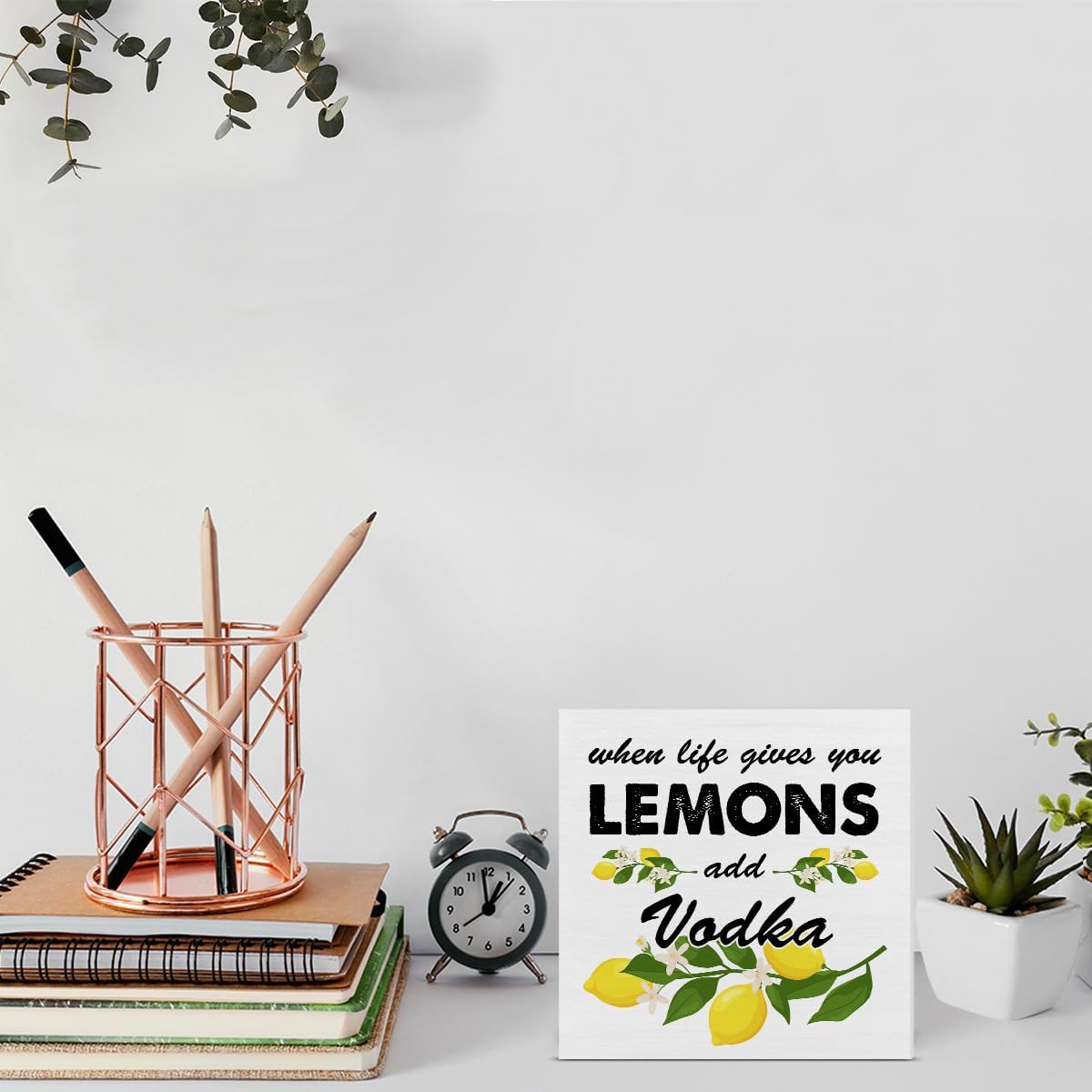 Lemon Wooden Box Sign House Decor When Life Gives You Lemons Add Vodka Square Wood Sign Desk Decoration Summer Wood Block Tiered Tray Box Sign for Shelf Home 5 x 5 Inches