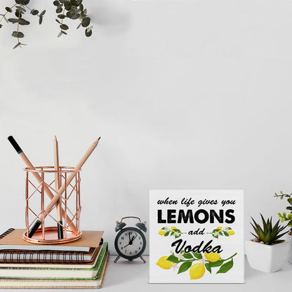 Lemon Wooden Box Sign House Decor When Life Gives You Lemons Add Vodka Square Wood Sign Desk Decoration Summer Wood Block Tiered Tray Box Sign for Shelf Home 5 x 5 Inches