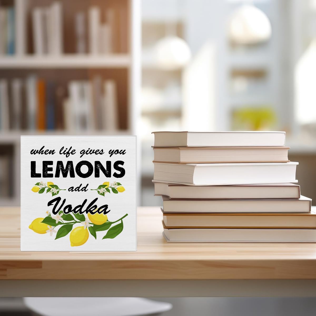 Lemon Wooden Box Sign House Decor When Life Gives You Lemons Add Vodka Square Wood Sign Desk Decoration Summer Wood Block Tiered Tray Box Sign for Shelf Home 5 x 5 Inches
