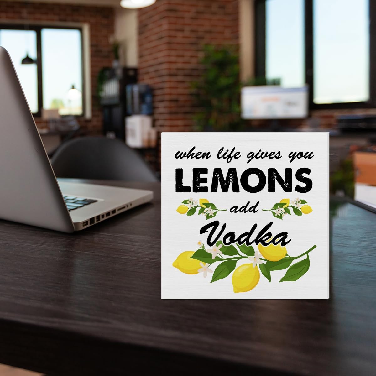 Lemon Wooden Box Sign House Decor When Life Gives You Lemons Add Vodka Square Wood Sign Desk Decoration Summer Wood Block Tiered Tray Box Sign for Shelf Home 5 x 5 Inches