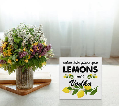 Lemon Wooden Box Sign House Decor When Life Gives You Lemons Add Vodka Square Wood Sign Desk Decoration Summer Wood Block Tiered Tray Box Sign for Shelf Home 5 x 5 Inches
