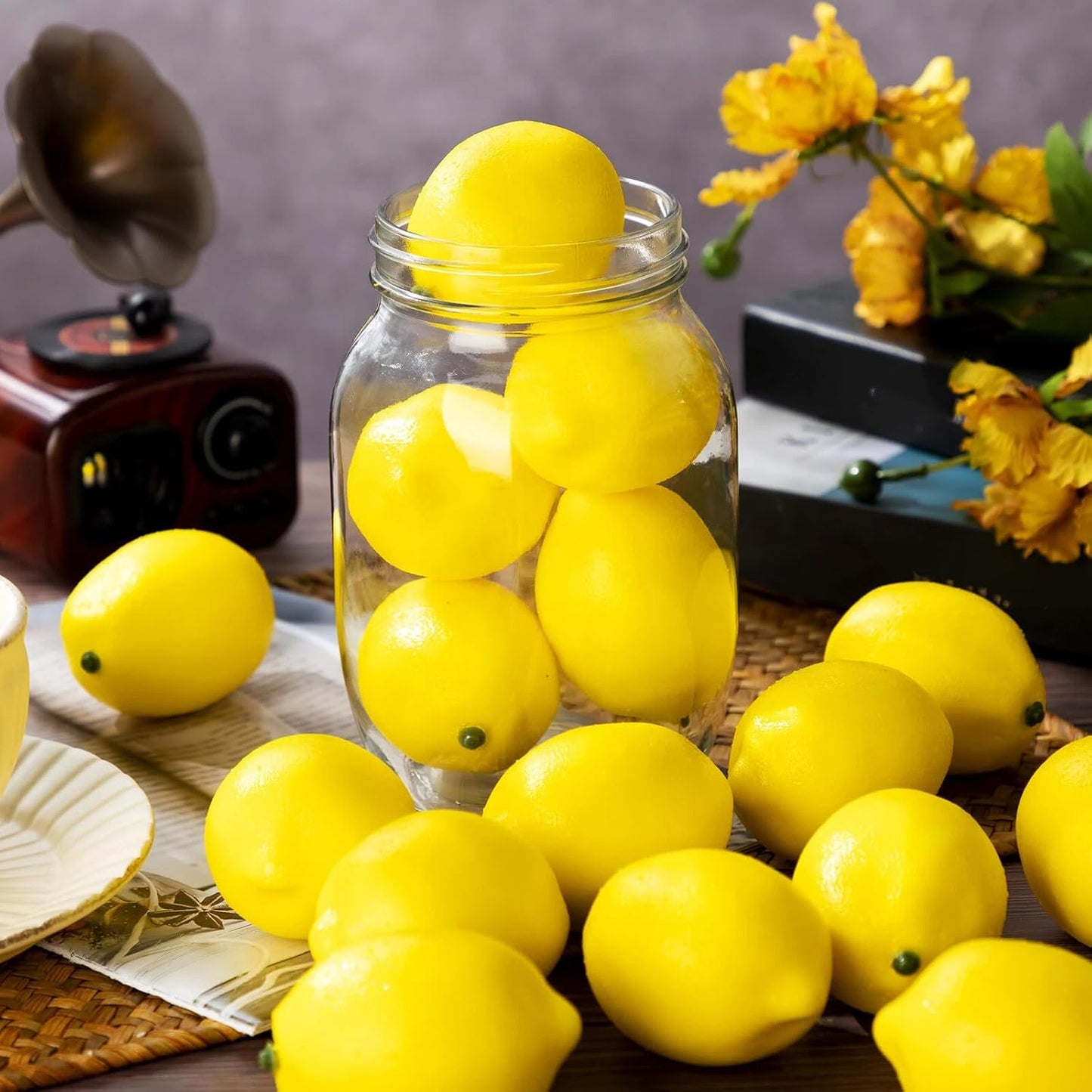 Summer Fake Lemon Fake Fruit Faux Yellow Lemon Decor Lifelike Simulation Artificial Fruit for Party Table Kitchen Vase Filler Wreath Garland Photography Decoration(3.1 x 2.1 Inch,100 Pcs)