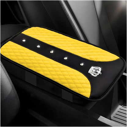 Bling Crown Car Center Console Mats, Anti-Slip and Waterproof Crystal Car Armrest Pad Protector, Universal Rustproof Armrest Decor Cushion for Cars & SUVs, Car Accessories (Yellow)