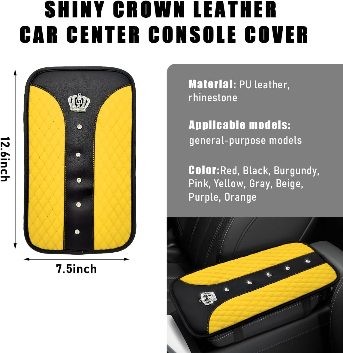 Bling Crown Car Center Console Mats, Anti-Slip and Waterproof Crystal Car Armrest Pad Protector, Universal Rustproof Armrest Decor Cushion for Cars & SUVs, Car Accessories (Yellow)