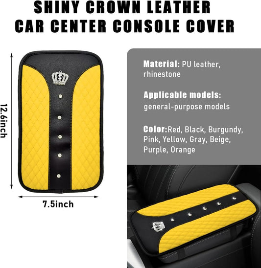 Bling Crown Car Center Console Mats, Anti-Slip and Waterproof Crystal Car Armrest Pad Protector, Universal Rustproof Armrest Decor Cushion for Cars & SUVs, Car Accessories (Yellow)