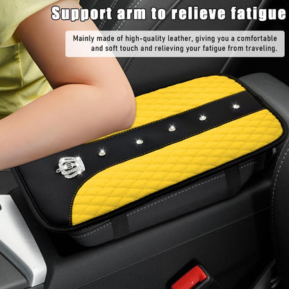Bling Crown Car Center Console Mats, Anti-Slip and Waterproof Crystal Car Armrest Pad Protector, Universal Rustproof Armrest Decor Cushion for Cars & SUVs, Car Accessories (Yellow)