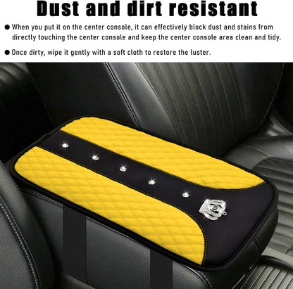 Bling Crown Car Center Console Mats, Anti-Slip and Waterproof Crystal Car Armrest Pad Protector, Universal Rustproof Armrest Decor Cushion for Cars & SUVs, Car Accessories (Yellow)