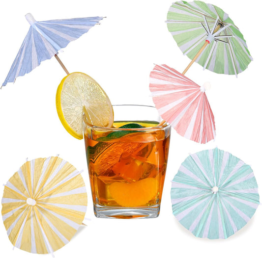 150 Pcs Drink Umbrellas Cocktail Picks Vertical Stripes Style Mini Umbrella for Drink Paper Parasol Cocktail Stick with Wood Toothpick for Summer Hawaiian Party Decor Cupcake Topper(5 Color)