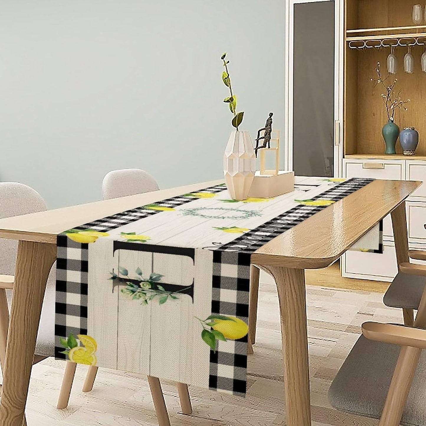 Lemon Table Runner Country Black White Buffalo Plaid Check Home Table Runner for Kitchen Table Dining Party Decor 13x36in