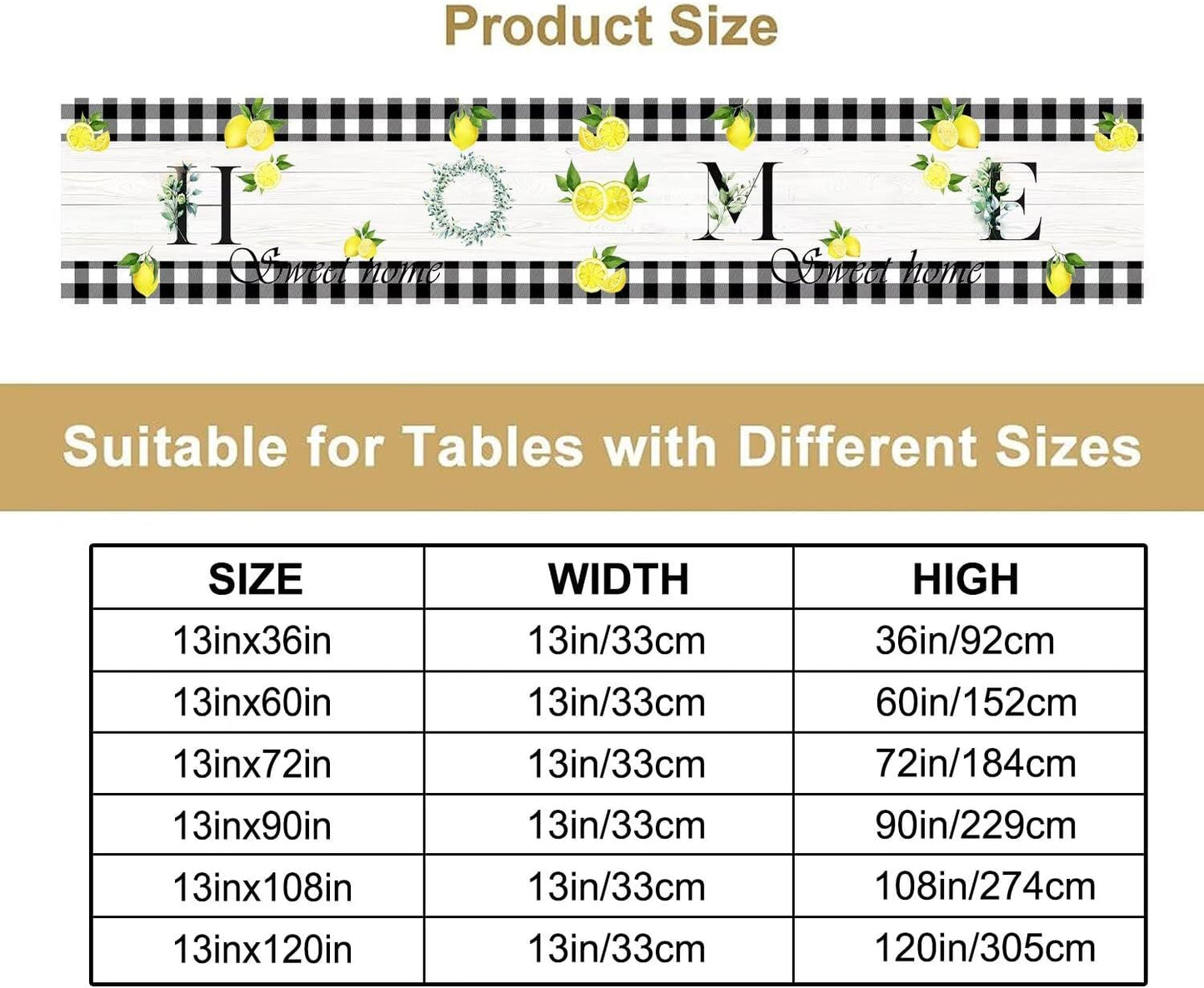 Lemon Table Runner Country Black White Buffalo Plaid Check Home Table Runner for Kitchen Table Dining Party Decor 13x36in