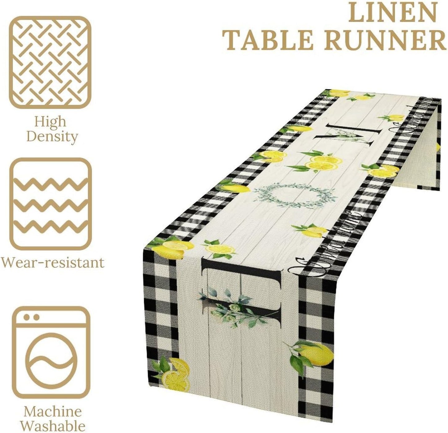 Lemon Table Runner Country Black White Buffalo Plaid Check Home Table Runner for Kitchen Table Dining Party Decor 13x36in