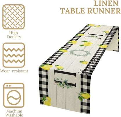 Lemon Table Runner Country Black White Buffalo Plaid Check Home Table Runner for Kitchen Table Dining Party Decor 13x36in