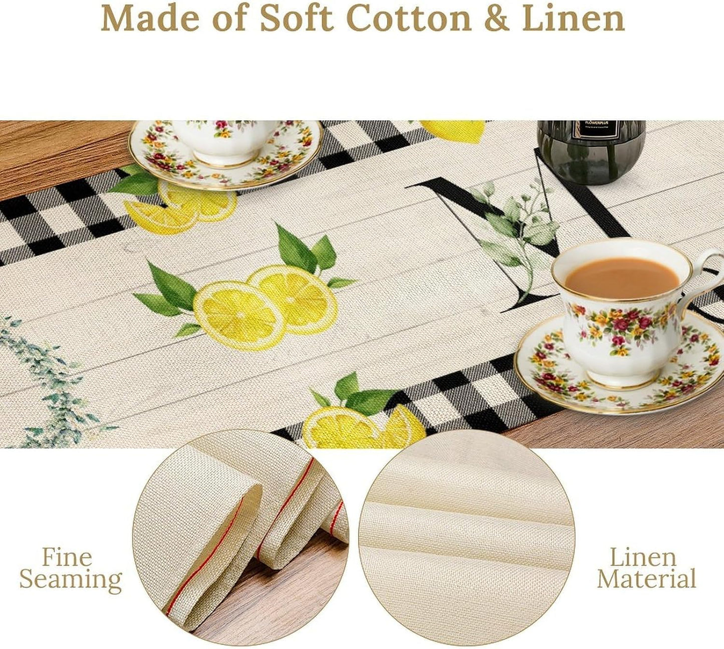 Lemon Table Runner Country Black White Buffalo Plaid Check Home Table Runner for Kitchen Table Dining Party Decor 13x36in