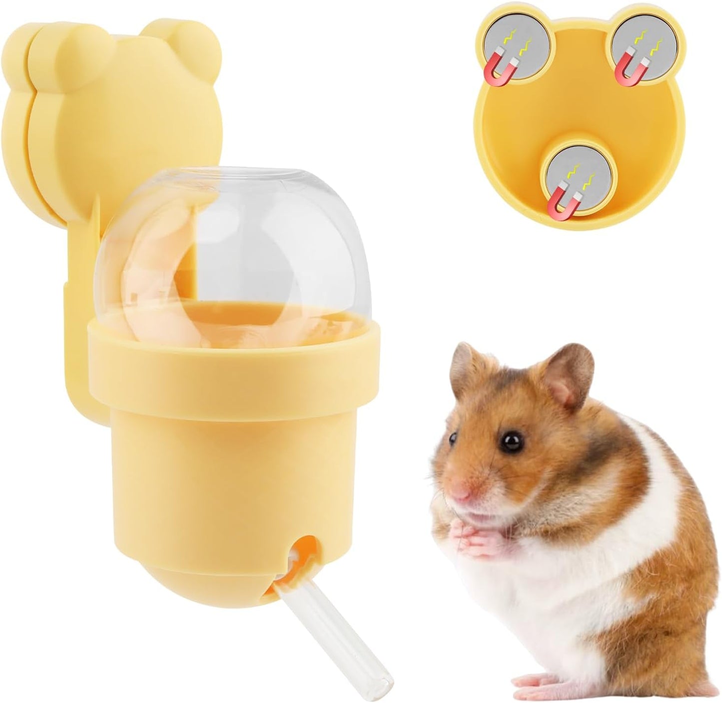 Hamster Water Bottle with Magnetic Holder for Glass Tanks, Vacuum-Sealed Leak-Proof Adjustable Hamster Water Bottle for Syrian Dwarf Hamsters, Gerbils & Other Small Rodents (Yellow)