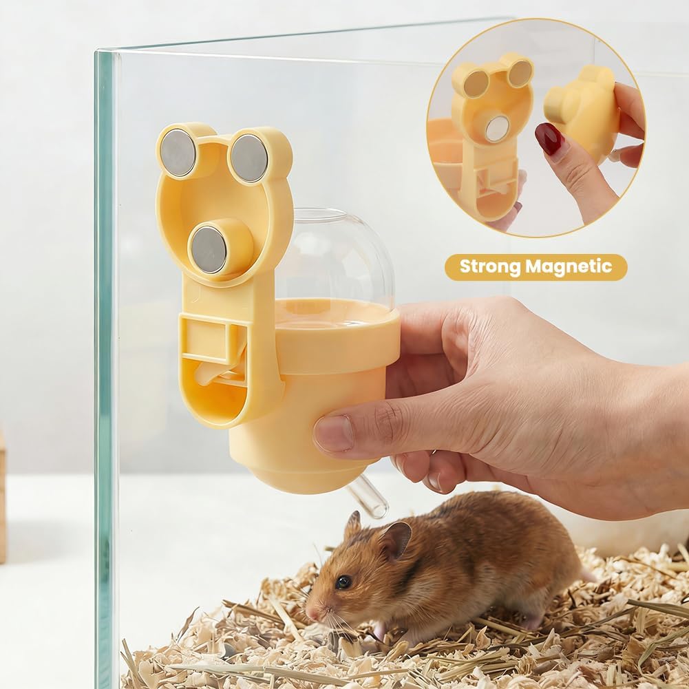 Hamster Water Bottle with Magnetic Holder for Glass Tanks, Vacuum-Sealed Leak-Proof Adjustable Hamster Water Bottle for Syrian Dwarf Hamsters, Gerbils & Other Small Rodents (Yellow)