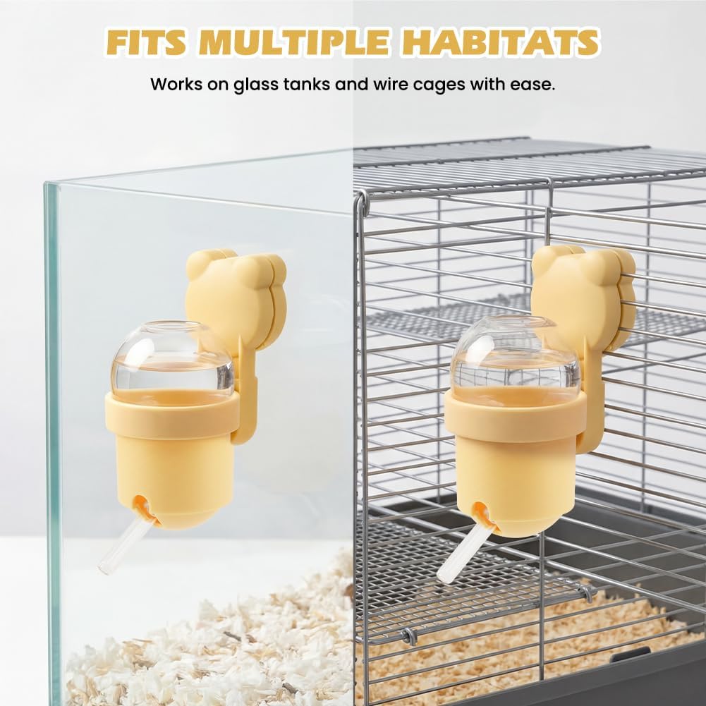 Hamster Water Bottle with Magnetic Holder for Glass Tanks, Vacuum-Sealed Leak-Proof Adjustable Hamster Water Bottle for Syrian Dwarf Hamsters, Gerbils & Other Small Rodents (Yellow)