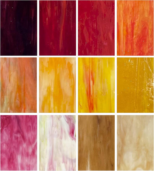 12-Pack 6"x4" Stained Glass Sheets, Cathedral Panels for Easy Cutting and Vibrant-Color DIY & Mosaic Crafts (Red and Yellow Mixed)