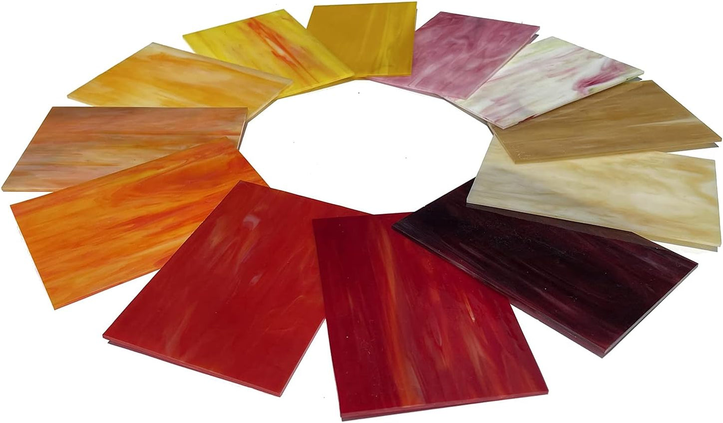 12-Pack 6"x4" Stained Glass Sheets, Cathedral Panels for Easy Cutting and Vibrant-Color DIY & Mosaic Crafts (Red and Yellow Mixed)