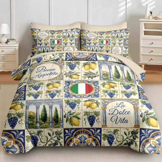 Comforter Set Queen Size, Italian Lemon Mediterranean 7 Pcs Bedding for Kids and Adults, Tile Tuscan Bed Sheet Sets with Fitted Sheet 2 Pillowcases & 2 Shams for Bedroom Bed Decor