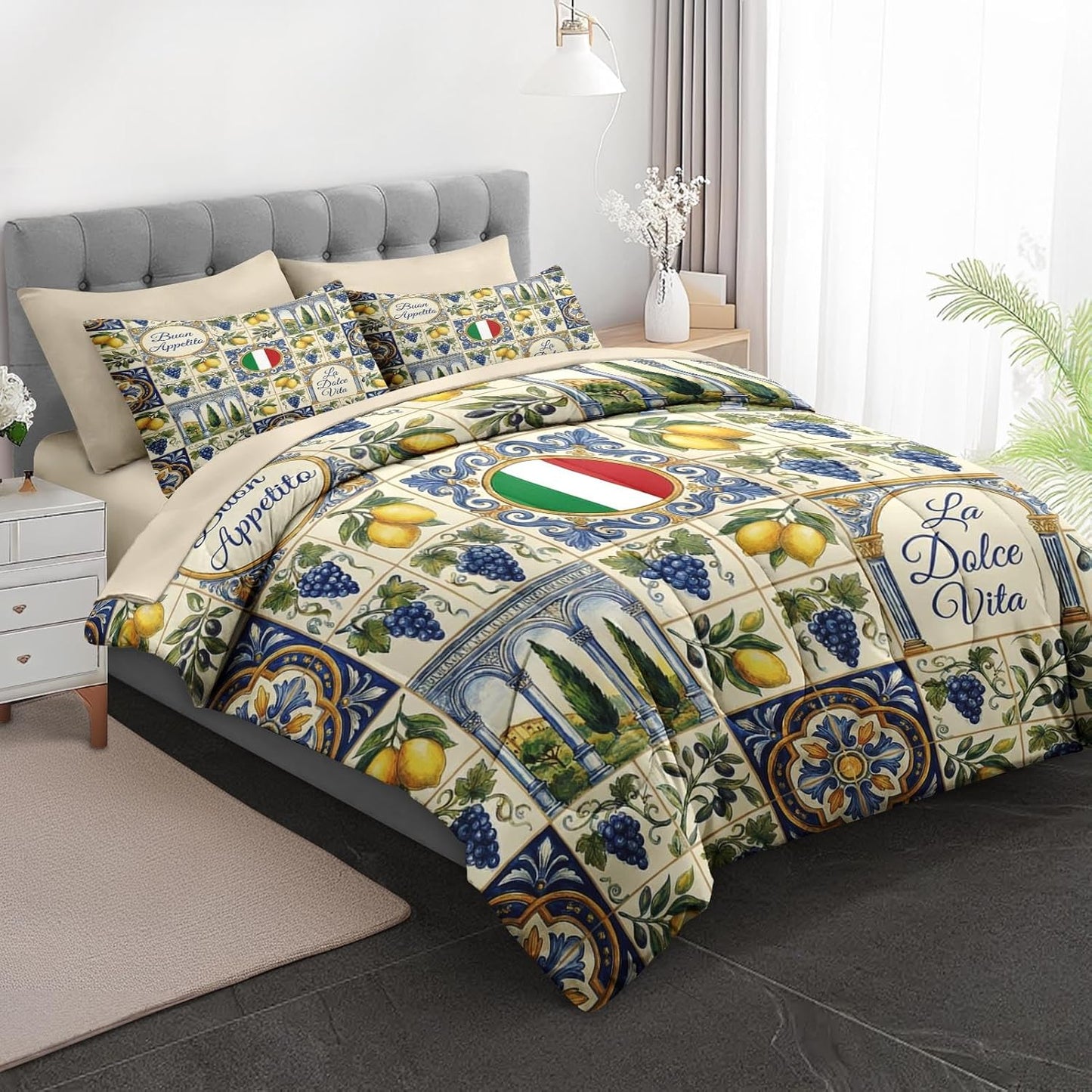 Comforter Set Queen Size, Italian Lemon Mediterranean 7 Pcs Bedding for Kids and Adults, Tile Tuscan Bed Sheet Sets with Fitted Sheet 2 Pillowcases & 2 Shams for Bedroom Bed Decor