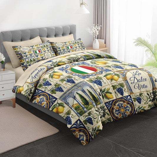 Comforter Set Queen Size, Italian Lemon Mediterranean 7 Pcs Bedding for Kids and Adults, Tile Tuscan Bed Sheet Sets with Fitted Sheet 2 Pillowcases & 2 Shams for Bedroom Bed Decor