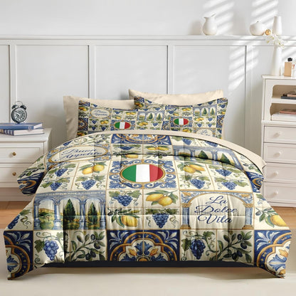 Comforter Set Queen Size, Italian Lemon Mediterranean 7 Pcs Bedding for Kids and Adults, Tile Tuscan Bed Sheet Sets with Fitted Sheet 2 Pillowcases & 2 Shams for Bedroom Bed Decor