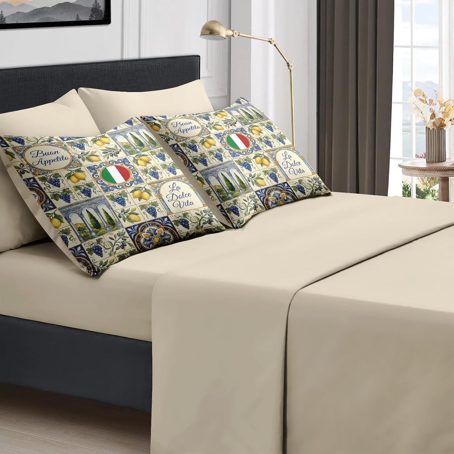 Comforter Set Queen Size, Italian Lemon Mediterranean 7 Pcs Bedding for Kids and Adults, Tile Tuscan Bed Sheet Sets with Fitted Sheet 2 Pillowcases & 2 Shams for Bedroom Bed Decor