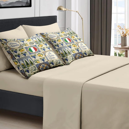 Comforter Set Queen Size, Italian Lemon Mediterranean 7 Pcs Bedding for Kids and Adults, Tile Tuscan Bed Sheet Sets with Fitted Sheet 2 Pillowcases & 2 Shams for Bedroom Bed Decor