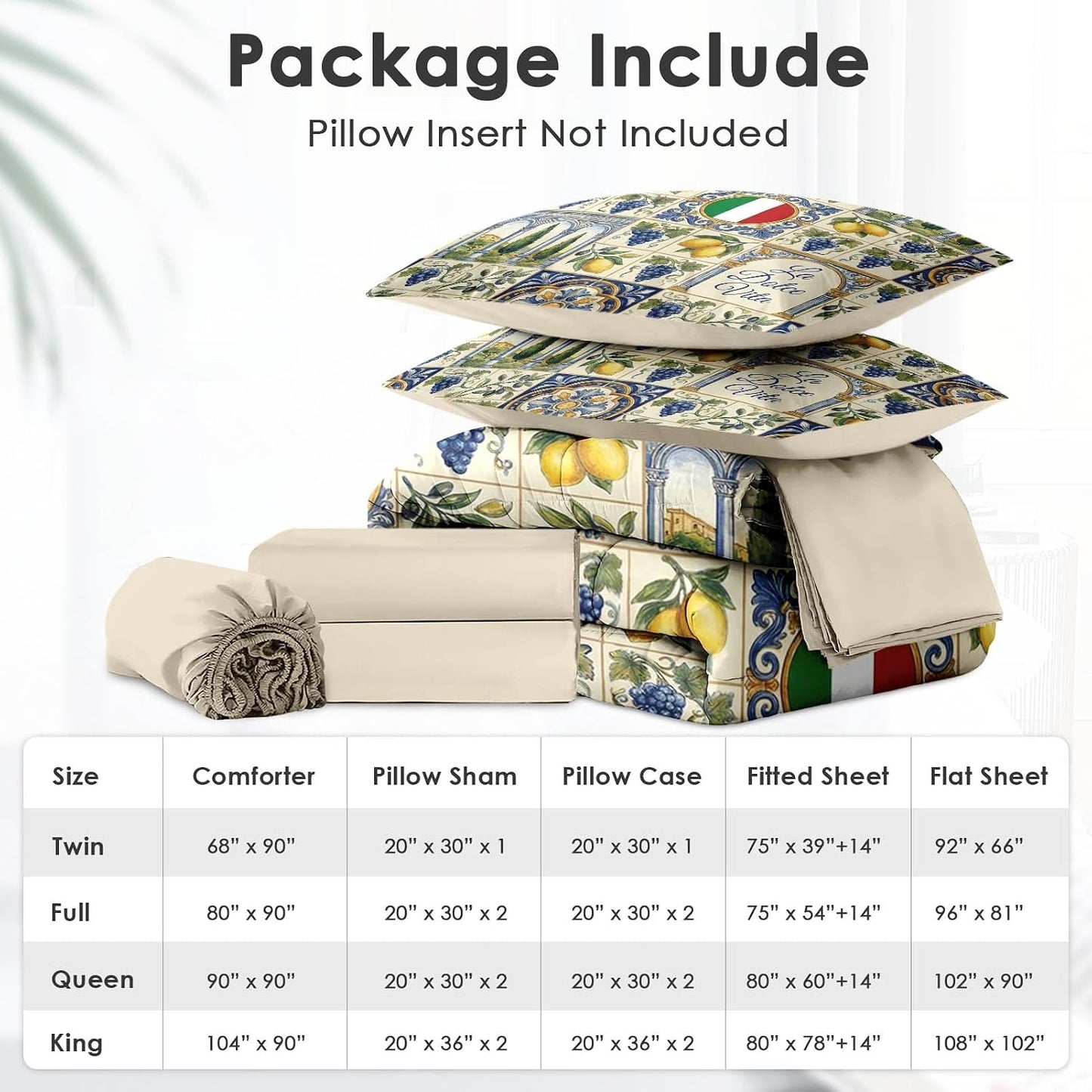 Comforter Set Queen Size, Italian Lemon Mediterranean 7 Pcs Bedding for Kids and Adults, Tile Tuscan Bed Sheet Sets with Fitted Sheet 2 Pillowcases & 2 Shams for Bedroom Bed Decor